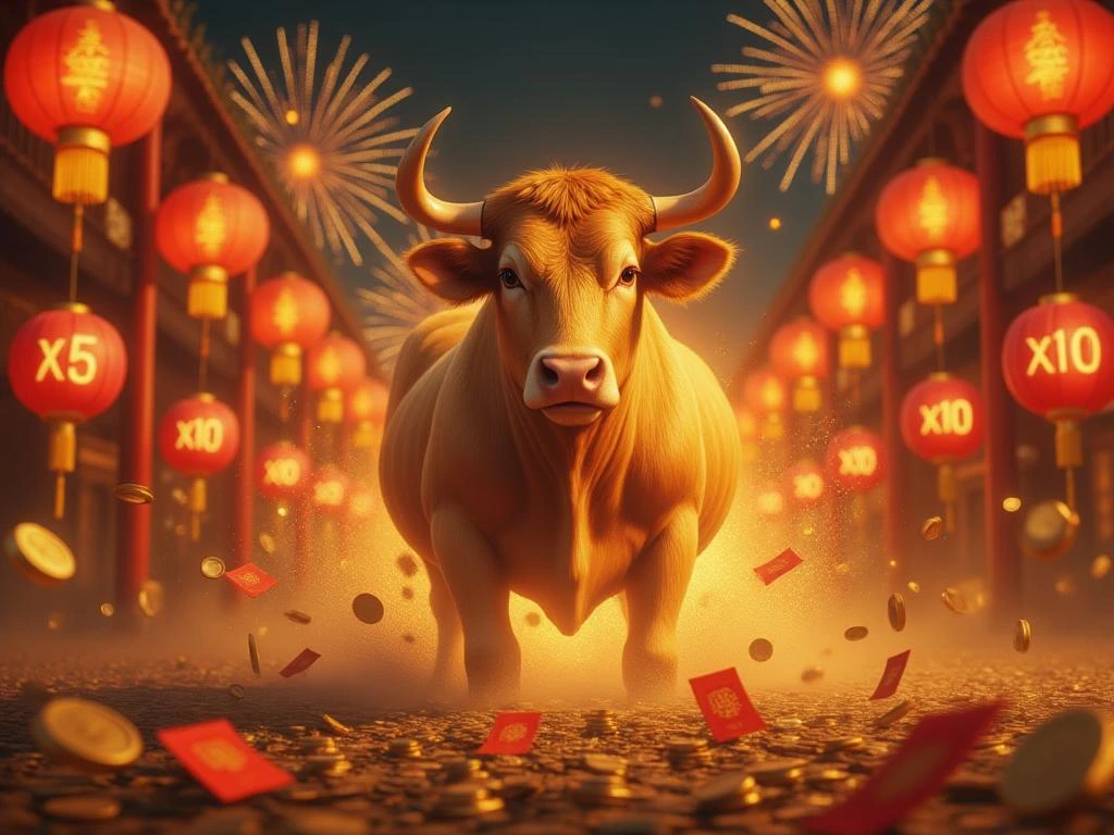 Imagem do caça-níquel Fortune Ox com boi dourado em destaque, moedas voando, lanternas vermelhas ao fundo e rolos de slot com multiplicadores